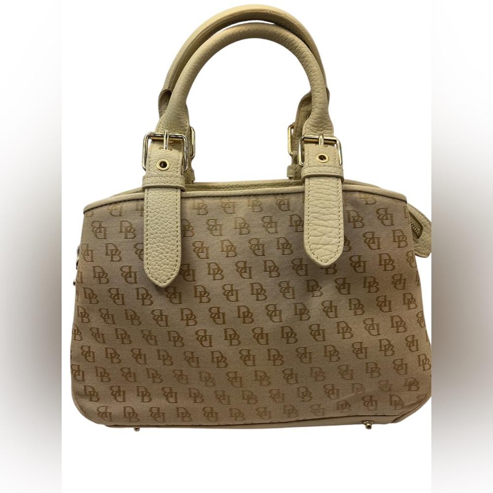 Classic Vintage Dooney & Bourke Tan and Ivory Satchel with Monogram Print